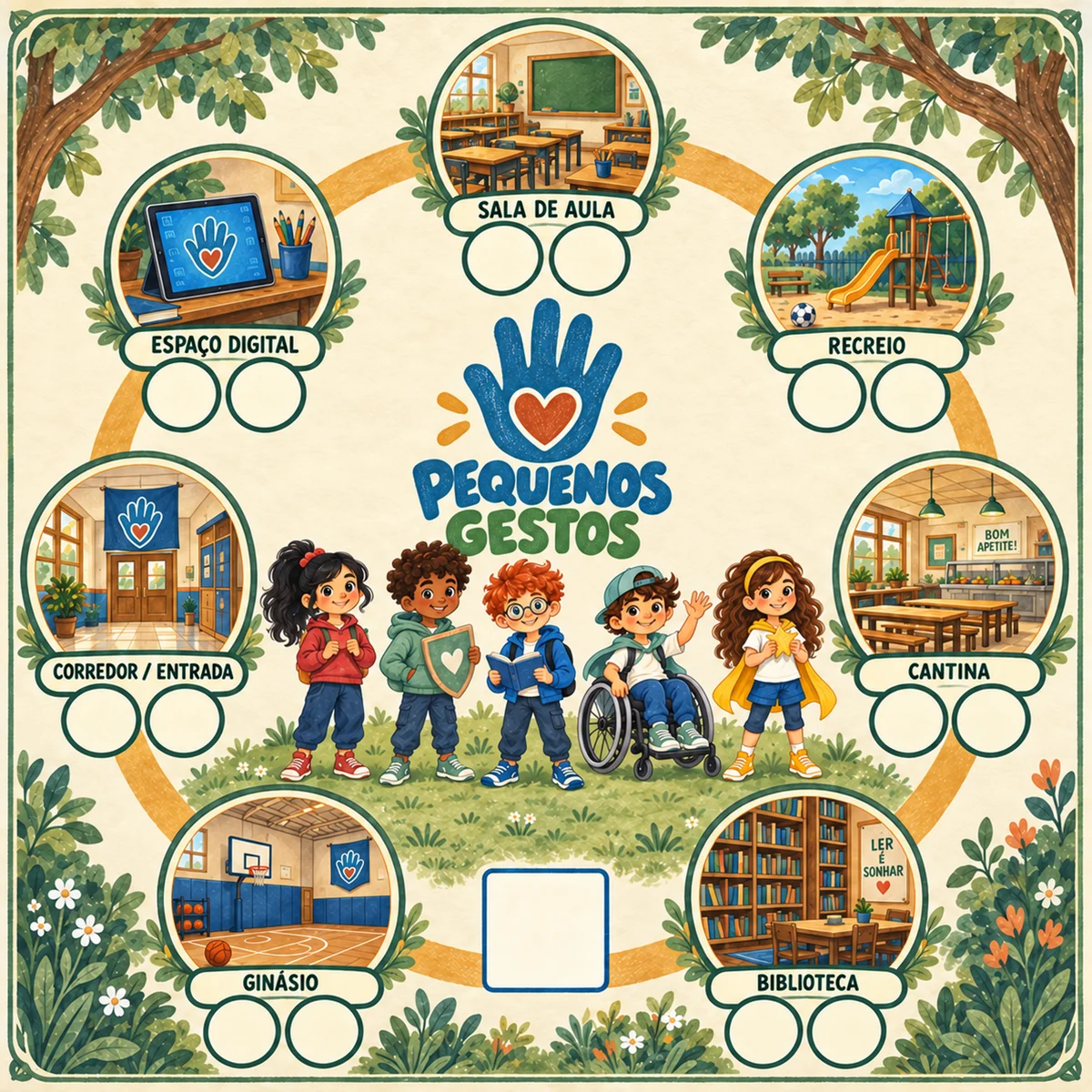 Tabuleiro ilustrado Pequenos Gestos, com os sete espaços da escola